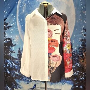 FLOWER GIRL Button Up Long Sleeved Top NWOT Size XL 100% Linen